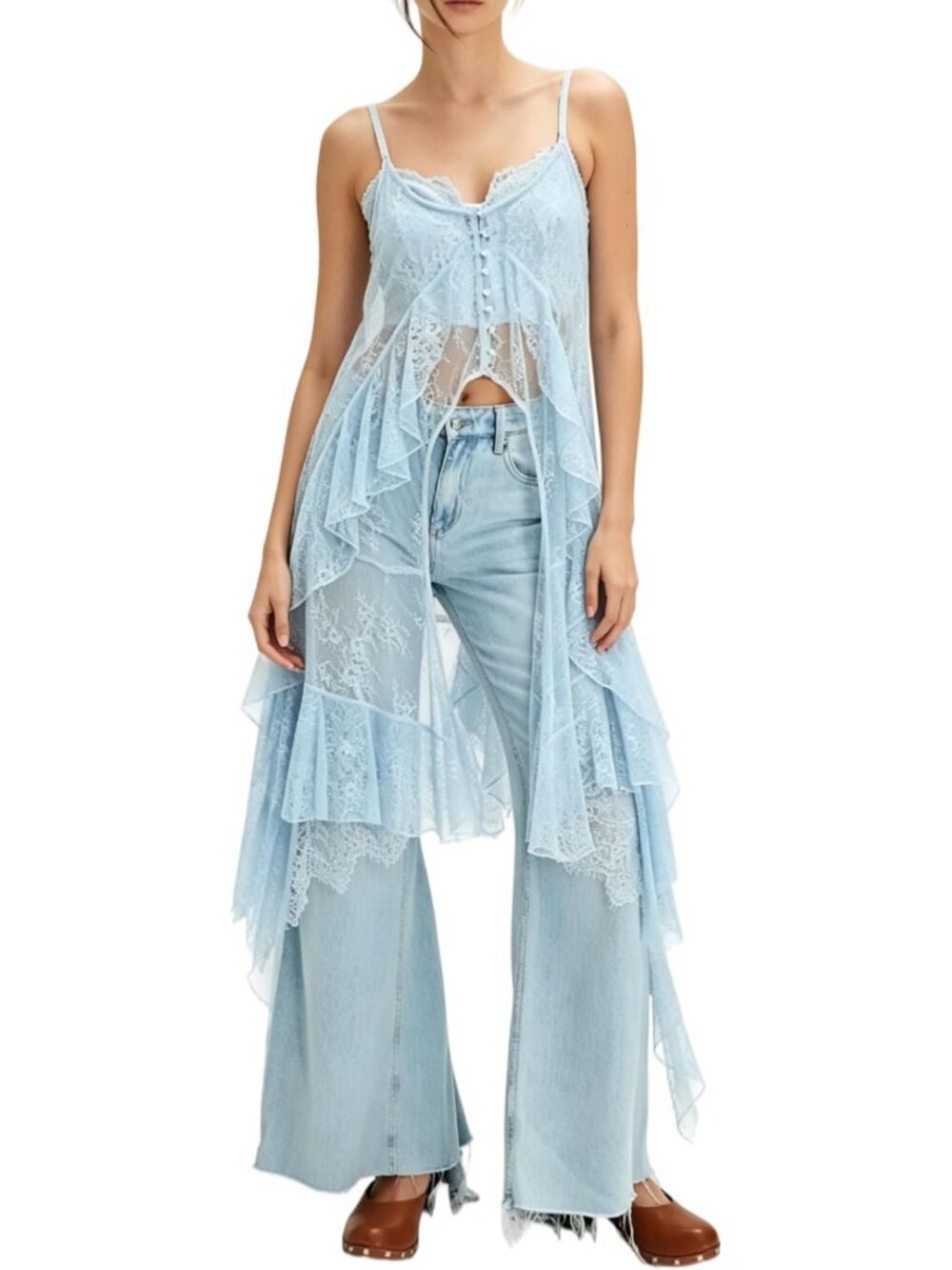 Boho Maxi Lace Top Spaghetti Strap Sheer Flowy Long Camisole for Women